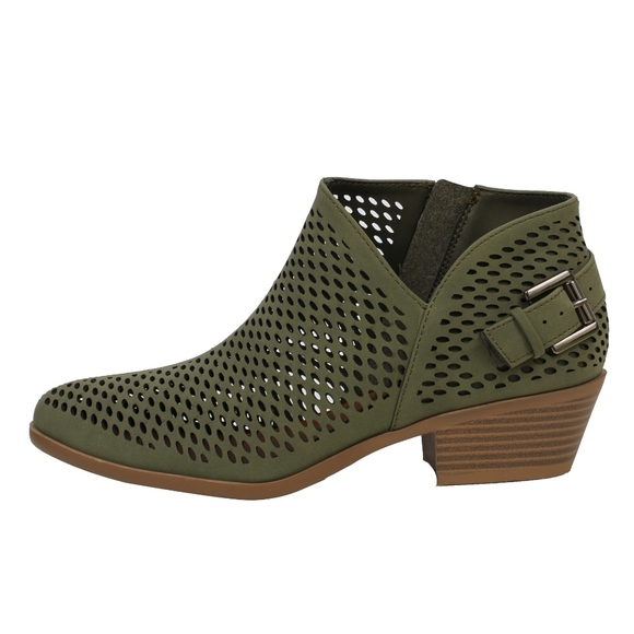 Shoes - Khaki Perforated V Side Cut Low Heel Ankle Boot